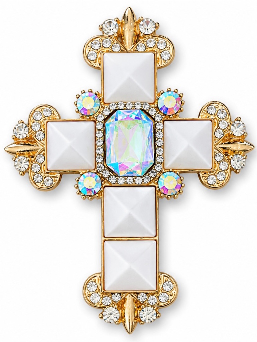 Gold Cross Brooch with White Stones and Aurora Crystal Center